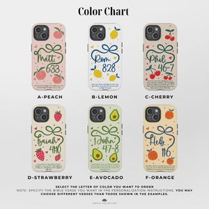 May include: A colour chart shows six phone cases with fruit designs and Bible verses. The cases are labelled A-Peach, B-Lemon, C-Cherry, D-Strawberry, E-Avocado, and F-Orange. Each case has a unique fruit illustration and a corresponding Bible verse.