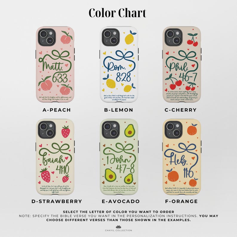 May include: A colour chart shows six phone cases with fruit designs and Bible verses. The cases are labelled A-Peach, B-Lemon, C-Cherry, D-Strawberry, E-Avocado, and F-Orange. Each case has a unique fruit illustration and a corresponding Bible verse.