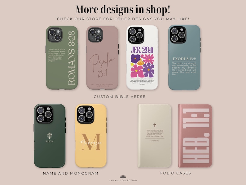 May include: A selection of phone cases in shades of green, pink, and yellow. Designs include Bible verses, floral patterns, and monograms. Text on the cases reads "ROMANS 8:28", "Psalm 23:1", "JER. 29:11", and "EXODUS 15:2".