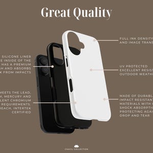 May include: An exploded view of a phone case, showcasing its features. The white outer shell is UV protected and impact-resistant. The black inner case has a TPU silicone liner for shock absorption. Text highlights the case's quality and safety certifications.