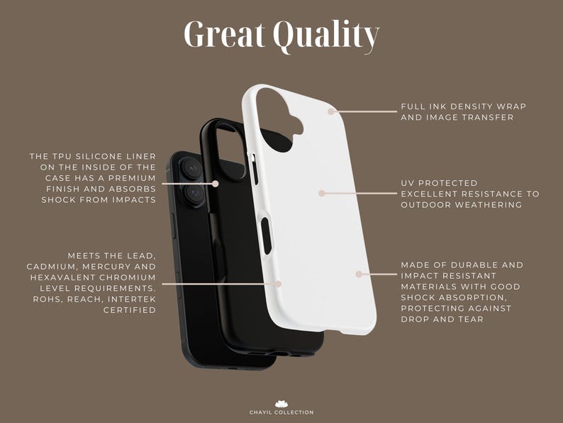 May include: An exploded view of a phone case, showcasing its features. The white outer shell is UV protected and impact-resistant. The black inner case has a TPU silicone liner for shock absorption. Text highlights the case's quality and safety certifications.