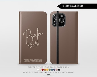 Personalised Phone Case with Bible Verse | Script Font | PU Leather Phone Case with Wallet | Folio Flip | iPhone 16 Samsung Galaxy S25
