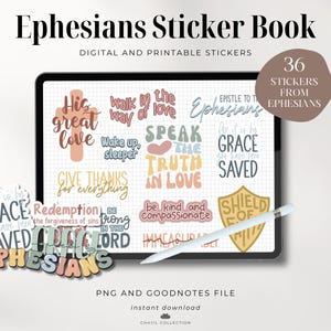 May include: A digital sticker book with 36 stickers featuring quotes from the book of Ephesians. The stickers are in various colors and feature a variety of designs, including hearts, shields, and stars. The stickers are designed to be used in a digital planner or notebook.