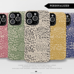 May include: A collection of phone cases in various colors, each featuring a unique floral design and a different Bible verse. The cases are available in pink, green, cream, gold, and blue. The text "PERSONALIZED" is at the top.