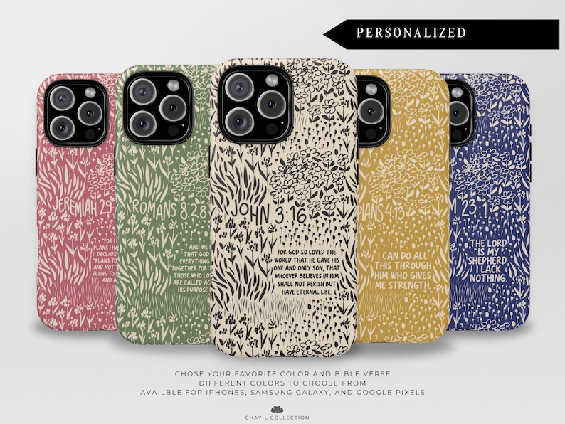 May include: A collection of phone cases with floral patterns and Bible verses. The cases are in various colors, including pink, green, cream, gold, and blue. Each case features a different verse, such as Jeremiah 29 and John 3:16. The word "PERSONALIZED" is at the top.