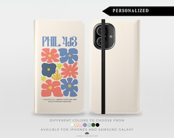 Custom Floral Phone Case with Bible Verse | PU Leather Phone Case with Wallet | Folio Flip | iPhone 16 Samsung Galaxy S25