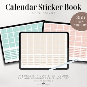 Op de afbeelding: Drie digitale tablets met kalenderstickerontwerpen. De tablets hebben rasters in tinten mint, perzik en beige. De afbeelding bevat de tekst "Calendar Sticker Book" en "355 Total Stickers". De beschrijving bevat ook "71 stickers in 5 verschillende kleuren".
