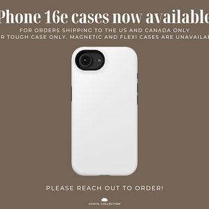 May include: A white iPhone 16e phone case with a black camera lens and black side buttons. The text "iPhone 16e cases now available!" is at the top, with additional text below. The background is a solid brown color.