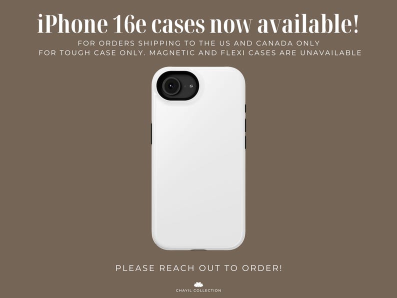 May include: A white iPhone 16e phone case with a black camera lens and black side buttons. The text "iPhone 16e cases now available!" is at the top, with additional text below. The background is a solid brown color.