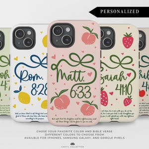 May include: A collection of phone cases with various designs. Each case features a different Bible verse and decorative elements like fruits and hearts. The cases are available in different colors and are personalized.