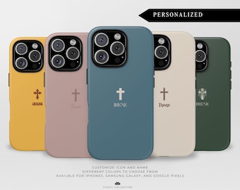 Personalised Phone Case with Name and Cross | Minimalist Aesthetic Neutral | iPhone 17 Samsung Galaxy S25 Case Google Pixel Tough Cases