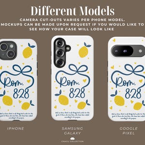 May include: White phone cases with a lemon and bow design. The cases feature the text "Rom. 8:28" in navy blue, along with a Bible verse. The image shows cases for iPhone, Samsung Galaxy, and Google Pixel models.