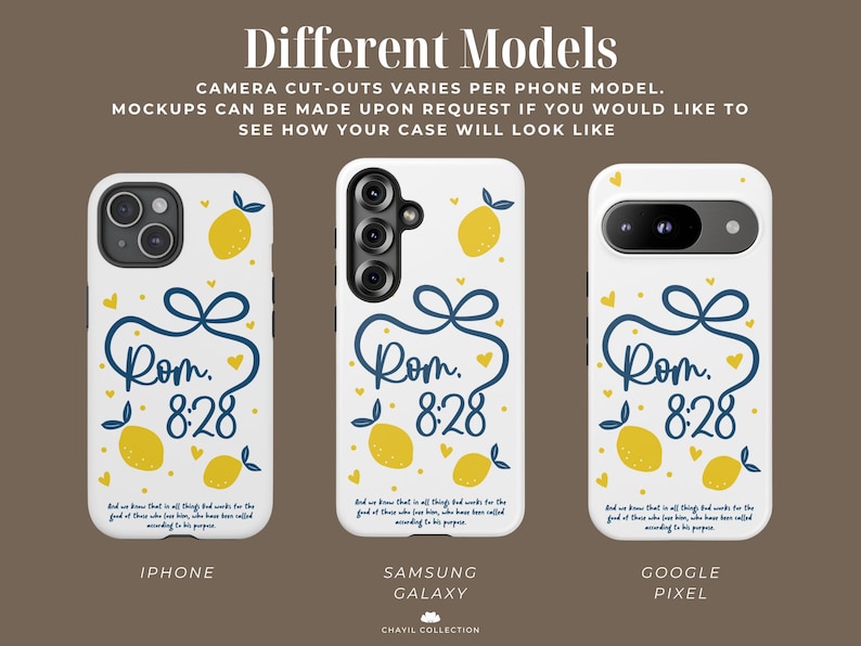May include: White phone cases with a lemon and bow design. The cases feature the text "Rom. 8:28" in navy blue, along with a Bible verse. The image shows cases for iPhone, Samsung Galaxy, and Google Pixel models.