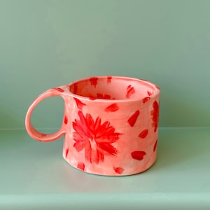 Red Floral Brush Strokes Ceramic Handmade Pottery Mug Craft Gift Idea Coffee Cup Gift for Her Unique Personalized Birthday Anniversary Gift