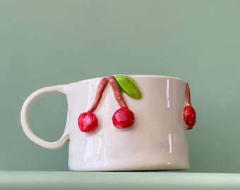 Cherry Ceramic Handmade Pottery Mug Craft Gift Idea Coffee Cup Gift for Her Unique Personalized Birthday Anniversary Gift