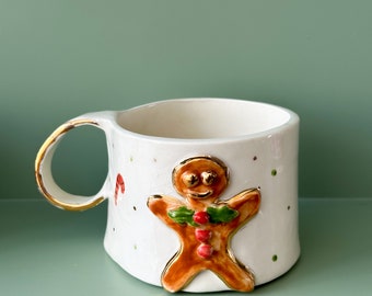 Gingerbread Man Ceramic Handmade Pottery Mug Craft Gift Idea Coffee Cup Gift for Her Unique Xmas Gift Birthday Christmas Mug