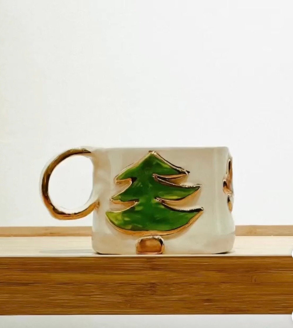 Handmade Red Pottery Mug Slim Ceramic Cup Unique Coffee Mug Danko Artisan  Pottery Christmas Gift 150ml Trees 