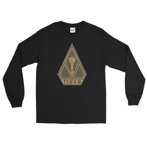 May include: Black long-sleeve t-shirt with a gold-colored triangle logo featuring a keyhole symbol and the word "TIVAN" underneath.