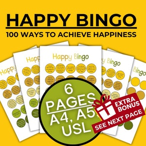 Psychische Gesundheit druckbare Happy Bingo Karten mit 100 Möglichkeiten, Happy Activity Pack, Vision Board Karten, Self-Care Bucket List Idee