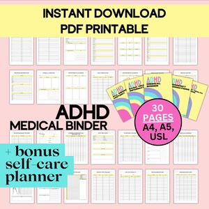 Op de afbeelding: Een printbare ADHD-medische map met 30 pagina's in de formaten A4, A5 en US Letter. De map bevat secties voor medische geschiedenis, medicijnen, afspraken en meer. Hij bevat ook een bonus zelfzorgplanner.