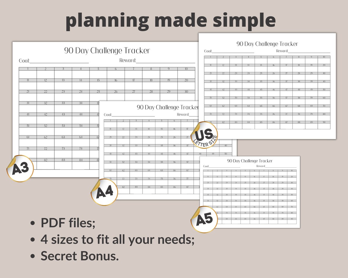 90-day Challenge Tracker Printable PDF, Landscape, Instant Download ...