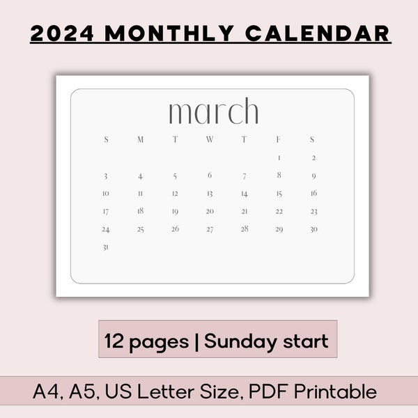 2024 Monthly Calendar 12 pages, Landscape, Sunday Start, Simple Month on a Page Planner Insert, Printable, Instant download, Various sizes