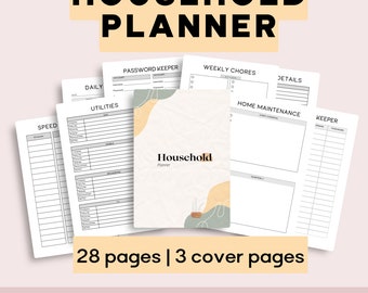 May include: A printable household planner with 28 pages and 3 cover pages. The planner includes sections for daily tasks, utilities, speed, weekly chores, details, home maintenance, and a password keeper. The cover features a minimalist design with a peach and green color scheme.