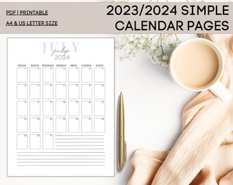 Minimalist Calendar Printable 2023/2024, Printable Monthly Calendar, Desk Calendar, Simple Design, PDF, Monday Start, Sunday Start