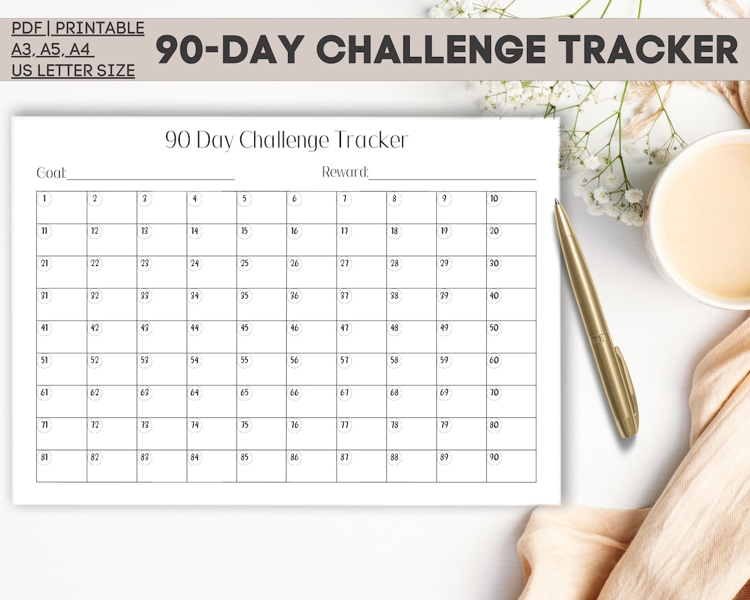 90day Challenge Tracker PDF Printable, Landscape, Habit Tracker, Goal