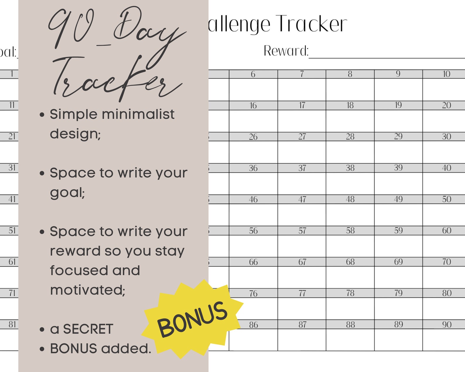90-day Challenge Tracker Printable PDF, Landscape, Instant Download ...