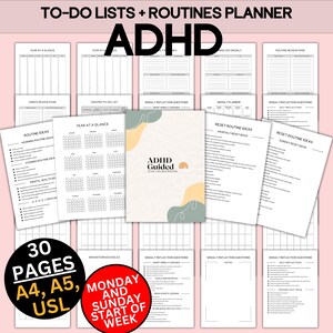 ADHD To-Do リストとルーチン プランナー (レビューとリセット ページ付き)、ヒントとアイデアが満載の究極の ADHD 印刷ガイド付きワークシート