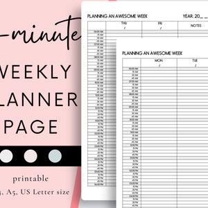 May include: A printable weekly planner page with 15-minute time slots. The planner is designed for a full week, starting with Monday and ending with Sunday. The planner includes space for notes and is available in A4, A5, and US Letter sizes.