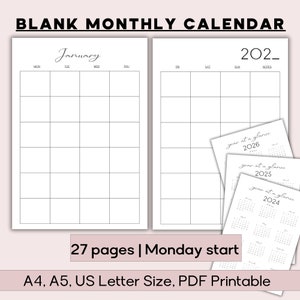 Blank Month in Two Pages Calendar with Notes and Year at a Glance (2024, 2025, and 2026), Month at a Glance Calendar