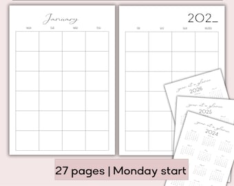 May include: A printable blank monthly calendar template with a black and white design. The calendar is for January and includes a year at a glance section for 2024, 2025, and 2026. The calendar is available in A4, A5, and US Letter sizes. The text "27 pages | Monday start" is at the bottom of the image.