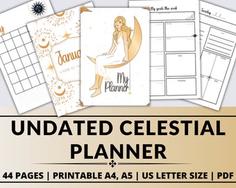 May include: A set of undated celestial planners in gold and white. The planners include a calendar, weekly goals, and daily planning pages. The cover features a woman on a crescent moon. The text reads "My Planner". The planners are A4, A5, and US Letter size.