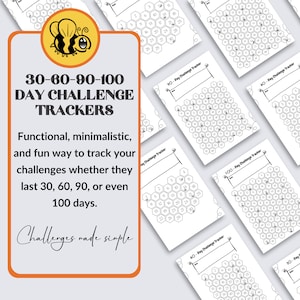 Op de afbeelding: Printbare 30-, 60-, 90- en 100-daagse challenge trackers. Elke tracker heeft een honingraatontwerp met genummerde cellen om de voortgang bij te houden. De tekst "Day Challenge Tracker" staat bovenaan elke tracker.
