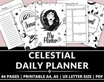May include: A black and white printable daily planner with a celestial theme. The cover features a woman with stars in her hair and a crescent moon behind her. The text "My Planner" is written in a decorative font. The planner includes pages for daily planning, weekly goals, and monthly calendars.