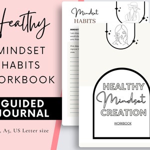 Op de afbeelding: Een roze en witte printbare werkboek met de tekst "Healthy Mindset Habits Workbook" en "Guided Journal" in zwarte tekst. De werkboek is beschikbaar in A4, A5 en US Letter formaten.