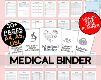 May include: A printable medical binder with 30+ pages, including sections for basic health information, medication tracker, appointment calendar, and medical history. The binder is available in A4, A5, and US Letter sizes. The cover features a heart with medical symbols and the text "Medical Binder".