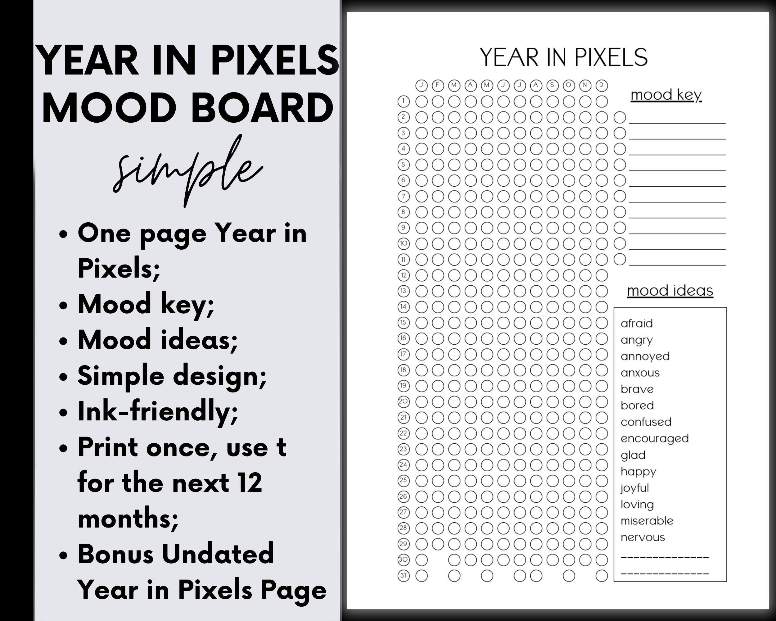 Year In Pixels Printable Mood Tracker Daily Moods Emotional