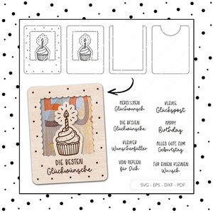 Archivo láser dinero regalo Cupcake cumpleaños sobre SVG EPS DXF vale tarjeta de regalo Muffin corte láser descarga digital v276