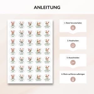 Puede incluir: Hoja de pegatinas redondas con ilustraciones de cerdos y detalles florales, con texto en alem&aacute;n. Las pegatinas son para la decoraci&oacute;n de velas, con instrucciones en alem&aacute;n. La palabra "ANLEITUNG" est&aacute; en la parte superior.