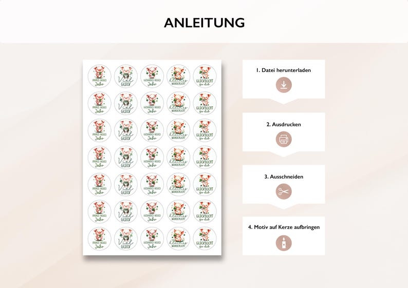 Puede incluir: Hoja de pegatinas redondas con ilustraciones de cerdos y detalles florales, con texto en alem&aacute;n. Las pegatinas son para la decoraci&oacute;n de velas, con instrucciones en alem&aacute;n. La palabra "ANLEITUNG" est&aacute; en la parte superior.