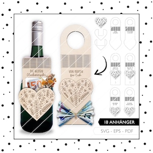 Colgante de botella con archivo láser para cumpleaños, SVG, regalo de dinero, corazón, flores, envoltura de regalo, vale, corte láser, descarga digital 951