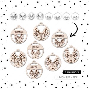 Fichier laser Étiquettes cadeaux de Noël SVG PDF EPS boules d’arbre 8 pendentifs décorations d’arbre renne laser découpé téléchargement numérique 714