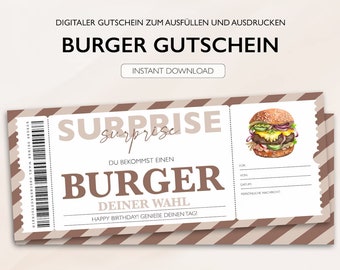 Personalisierter Gutschein Burger Ticket PDF Download Burgerrestaurant Abendessen Bearbeitbare Gutscheine Zum Ausdrucken Und Zum Ausfüllen