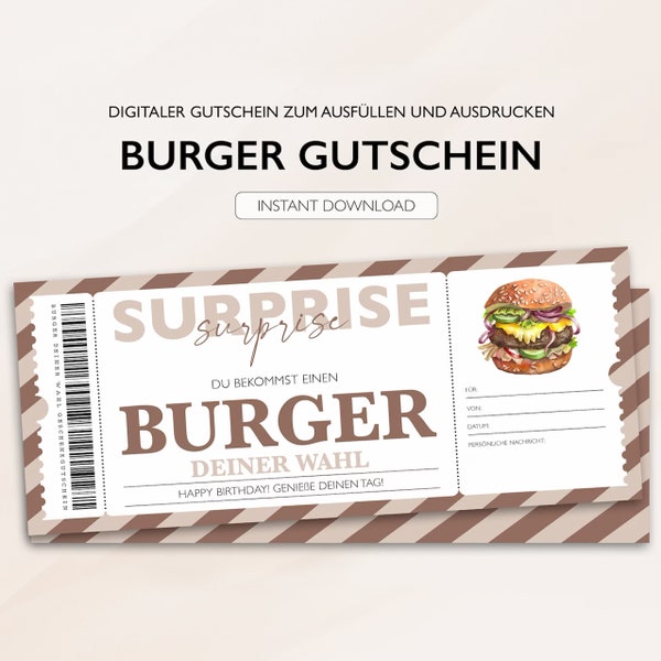 Personalisierter Gutschein Burger Ticket PDF Download Burgerrestaurant Abendessen Bearbeitbare Gutscheine Zum Ausdrucken Und Zum Ausfüllen