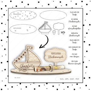 Fichier laser argent cadeau baptême SVG EPS DXF billet de banque bateau porte-monnaie porte-billets Laser Cut Digital Download v318