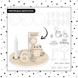 Fichier laser Plaque d’anniversaire SVG PDF EPS Anniversaire Chat Bougie Plaque Laser Cut Téléchargement numérique v563
