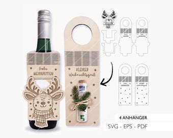 May include: A light-colored wooden bottle tag featuring a reindeer illustration with a scarf, the text Frohe WEIHNACHTEN, and a second tag with the text KLEINER Weihnachtsgruß, a small glass vial, and digital file templates for SVG, EPS, and PDF formats.